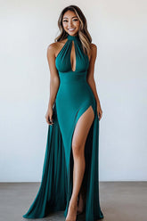 Dark Green Prom Dress Halter Long Cut Out Sheath Formal Dress With Slit